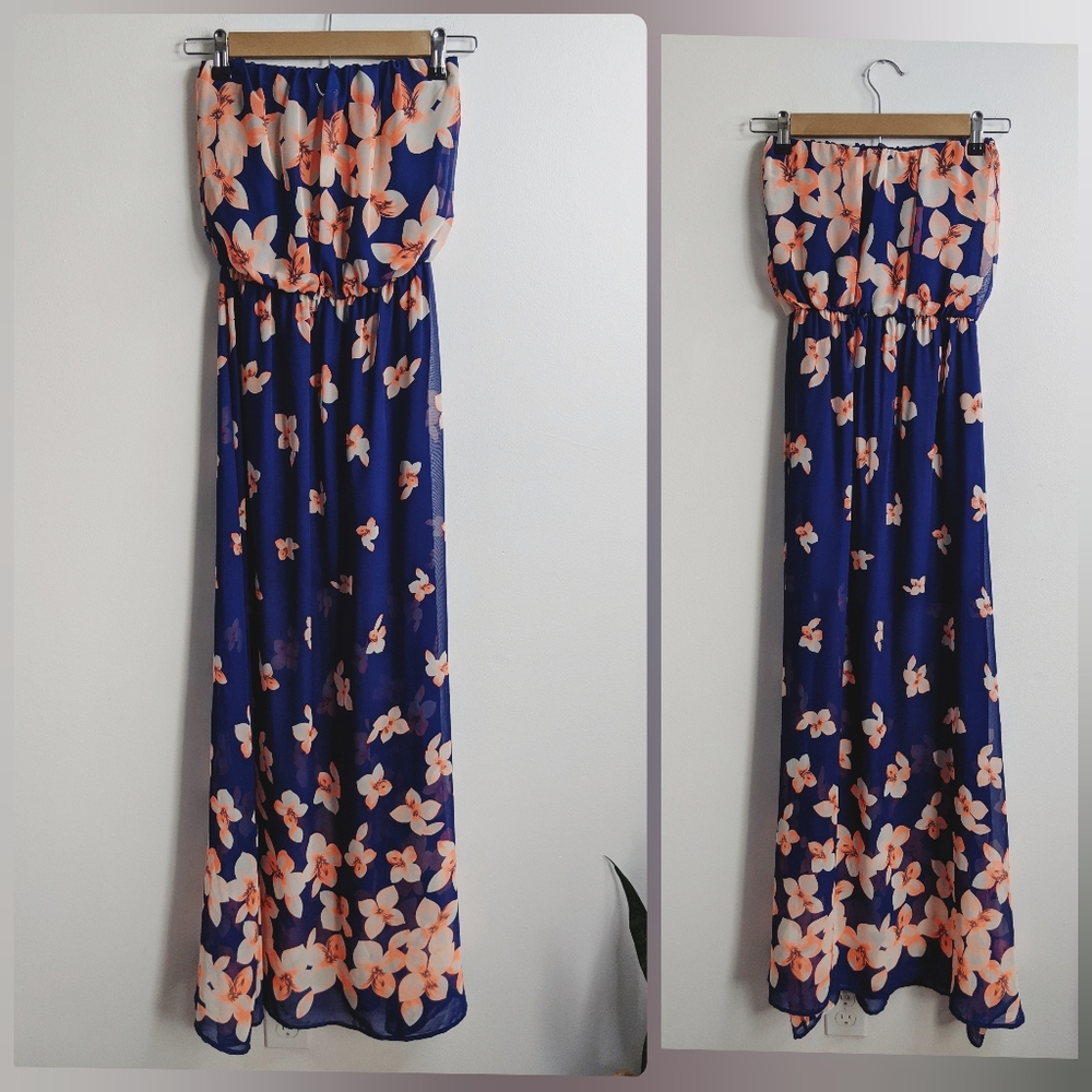 Olive Tree | Blue and Orange Floral Print Strapless Maxi Dress | Women's Size S